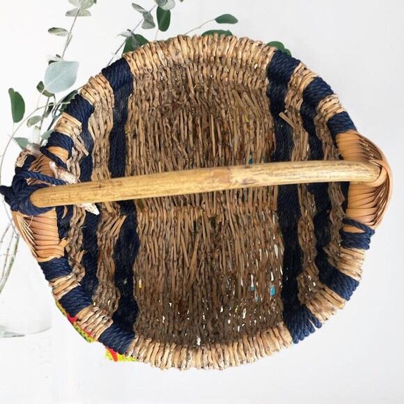 Coco Twigs/ Navy Rope Unique Basket With Shells 10” Diameter - Picture 6 of 7
